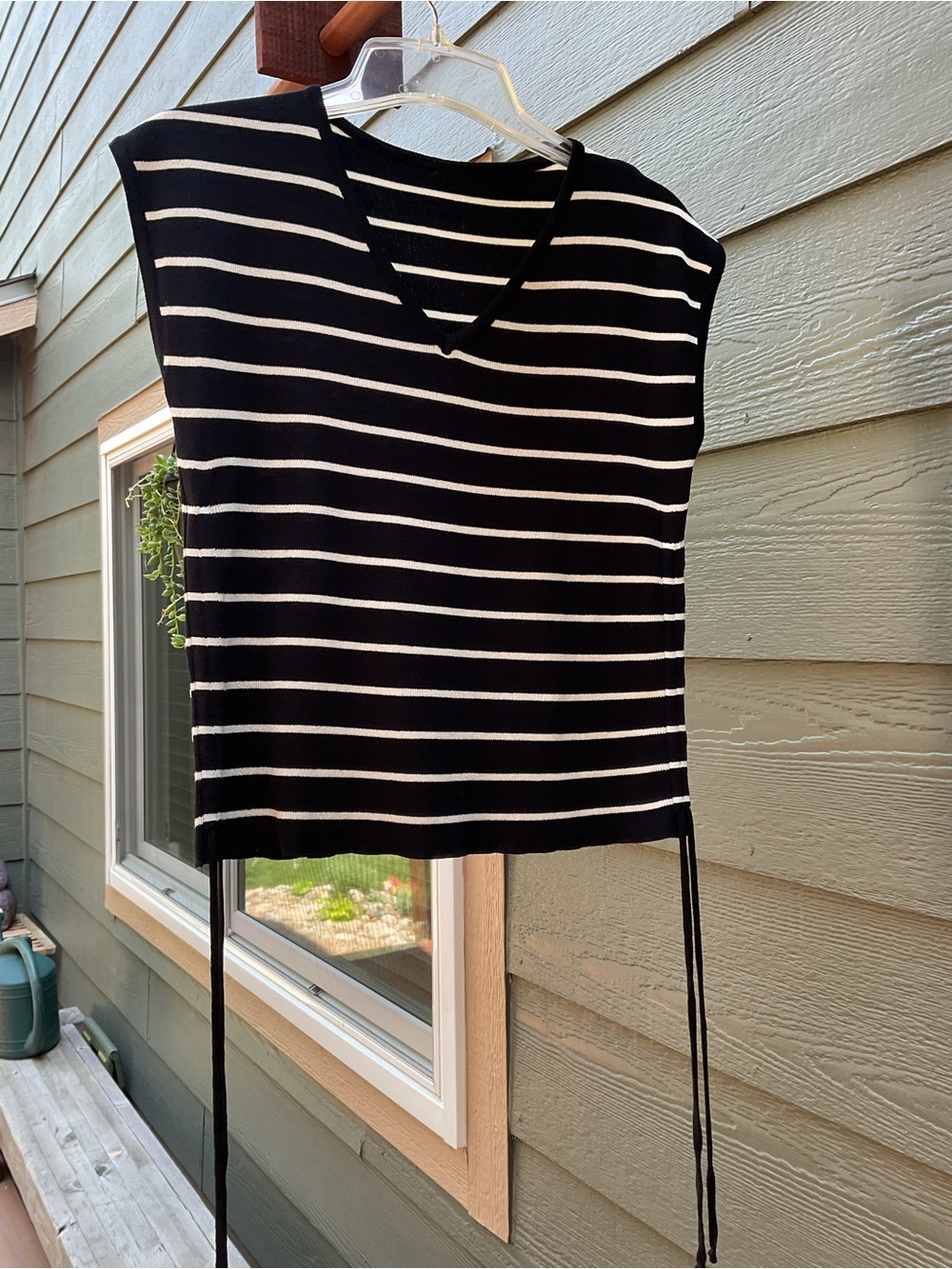 Striped Black and White V-Neck Knit Top